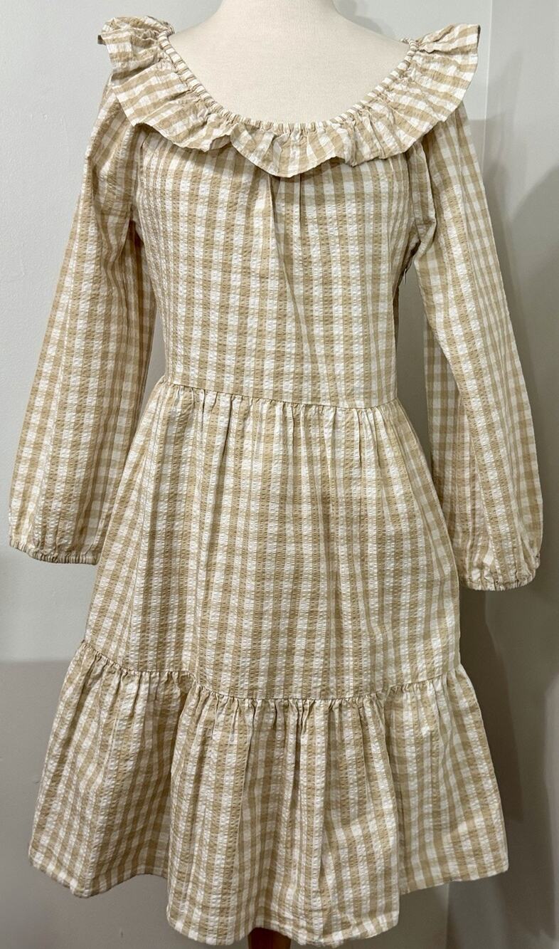NEW J. Crew Light Khaki White Seersucker Plaid Ruffle Neck Cotton Dress Size 6
